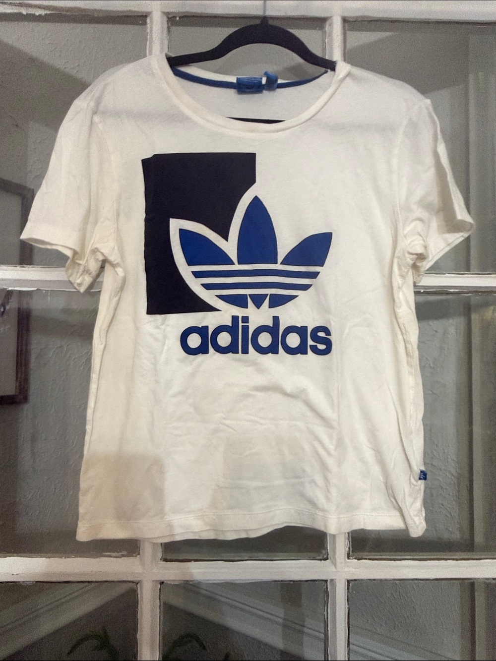 adidas Women Vintage White Tee with Blue Trefoil and Black Block